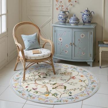 Imagem de jinchan Tapete redondo 1,2 m lavável floral oriental tapete de destaque circular tapete interior antiderrapante tapete de sala de estar tapete macio vintage tapete retro para quarto sala de jantar
