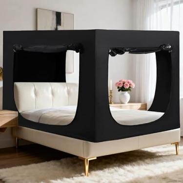 Imagem de Barraca para cama de solteiro – barraca de cama tipo cubículo para adultos, blecaute, respirável, leve, espaço privado (preto, solteiro)