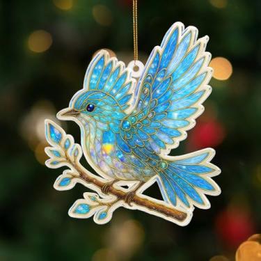 Imagem de Enfeite de vitral de pássaro azul para pendurar em janela de acrílico – Presentes para amantes de pássaros, decoração de animais selvagens para árvore de Natal, espelho retrovisor, jardim, acessórios