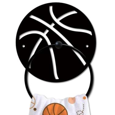 Imagem de MAYJOYDIY Anel de toalha de metal de basquete, suporte de toalha de mão preto para jogo de bola, placa de arte de parede esportiva, anel de pendurar montado na parede, acessórios de banheiro para