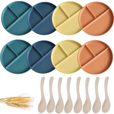Imagem de Pacote com 8 pratos divididos, placa de controle de porção inquebrável de 22 cm com divisórias, pratos de jantar com separador de alimentos de plástico com 8 colheres, compartimento leve, reutilizável