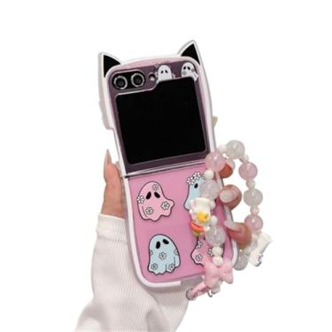 Imagem de AOLABOKY Capa com design de fantasma de Halloween fofo para Samsung Galaxy Z Flip 7, capa de telefone criativa engraçada com orelhas de gato Galaxy Z Flip6/5 com corrente de pulso pérola (Z Flip 7, A)