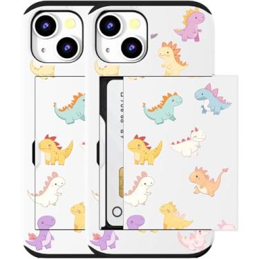 Imagem de MUQR Capa compatível com iPhone 15 Plus com porta-cartão fofo - Design Kawaii, proteção contra quedas de grau militar, capa carteira robusta para mulheres (dinossauros de desenho animado branco)