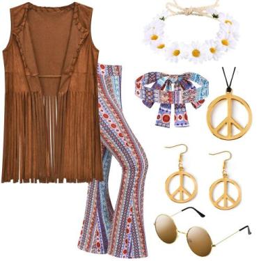 Imagem de Costume ZeroShop Hippie feminino dos anos 70 com colete franjado e cal