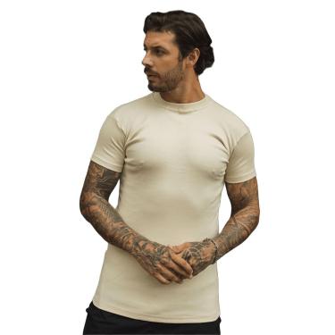 Imagem de Camiseta Slim Canelada Lisa Básica Estilo Americano Streetwear Justa ao Corpo Ribana Creme-Masculino
