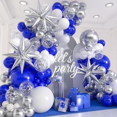 Imagem de Kit de 129 peças de arco de guirlanda de prata azul real com 3 balões de estrela, 18 12 10 10 balões de prata azul real para decoração de aniversário, formatura, chá de bebê e festa