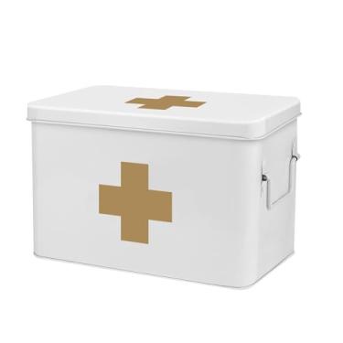 Imagem de Flexzion Caixa organizadora de primeiros socorros vazia de 33 cm, kit de primeiros socorros vintage branco caixa médica de metal - Caixa de armazenamento de primeiros socorros com divisórias, bandeja
