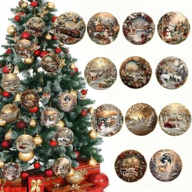 Imagem de Enfeite de árvore de Natal, pingente de acrílico com bola transparente, 12 peças, boneco de neve, visco, acessórios de árvore de Natal, pingentes de pendurar com bola de cristal, enfeites de Natal