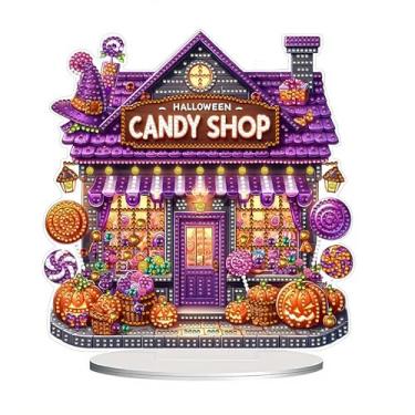 Imagem de Huacan Ornamento de pintura de diamante 5D DIY Halloween House Half Diamond acrílico único lado cristal display artesanato casa decoração de mesa 24,2 x 17,9 cm
