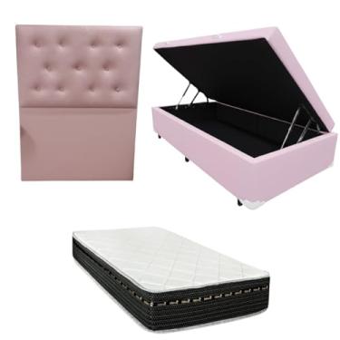 Imagem de Cama Box Baú Blindada com Colchão Eagle Molas Bonnel 22cm + Cabeceira Botonê (CORINO ROSA, Solteiro)
