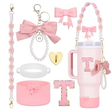 Imagem de Rabrgab 7 peças de acessórios de copo Stanley rosa para 1,134 g 850,5 g 567 g, presentes para mulheres adolescentes, decoração de copo Stanley com topo de palha, pingente de laço, bota de silicone
