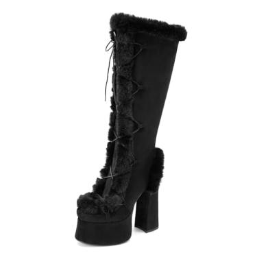 Imagem de Perisis Botas femininas de salto alto grosso, plataforma na altura do joelho, modernas, de couro, com cadarço, salto alto, cano largo, Pele preta, 42