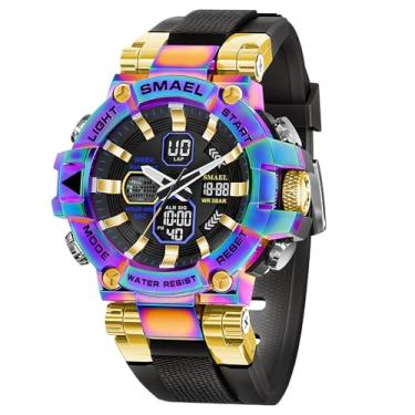 Imagem de Relógio Esportivo Mecânico Masculino SMAEL - Mostrador duplo, cronômetro, alarme, data/calendário, movimento automático, caixa dourada e pulseira em material semelhante a silicone, adequado para esportes ao ar livre e uso diário -para homens, estudantes e atletas. 8027