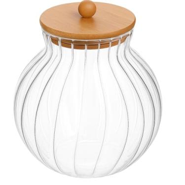 Imagem de Pote de Vidro Canelado com Tampa de Bambu, Design Decorativo em Formato Abóbora, Hermético para Armazenamento de Grãos e Castanhas, Vidro Borossilicato com Vedação