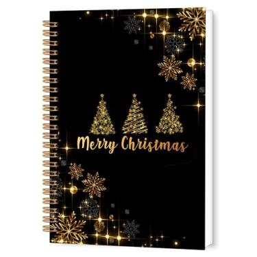 Imagem de TWRVI Caderno espiral de Natal preto e dourado, caderno pautado universitário com árvore de Natal dourada para material de escritório escolar, presentes de Natal para mulheres, cadernos de diário 14 x