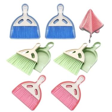 Imagem de Sissatthai Conjunto de 6 peças de panela pequena para poeira e escova com pano de limpeza – vassouras azuis, verdes e rosa, mini vassoura manual e conjunto de pá de lixo, escova de pá de lixo