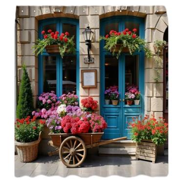 Imagem de Cortina de chuveiro italiana vintage cidade rua tijolo parede porta celeiro rústica folhas florais jardim natureza planta paisagem paisagem decoração conjunto de cortinas de banheiro com ganchos