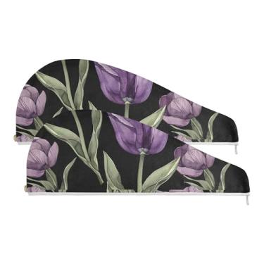 Imagem de SEHANY Toalha de cabelo de microfibra de flores coloridas elegantes para mulheres, 2 peças, turbantes de cabelo de secagem rápida com botão, touca de cabelo seco absorvente toalha de secagem de cabelo