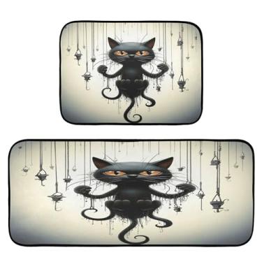 Imagem de xigua Conjunto de 2 peças de tapetes e tapetes de cozinha de gato preto absorvente macio para chão tapete de cozinha antiderrapante conjunto de capacho de cozinha, 50 x 120 cm + 50 x 70 cm