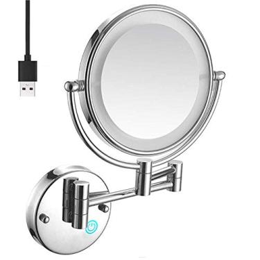 Imagem de Espelho de maquiagem de 20 cm montado na parede com luzes LED 5X espelho de maquiagem de parede dupla face, botão de toque e luz ajustável, maquiagem de barbear no quarto ou banheiro recarregável USB