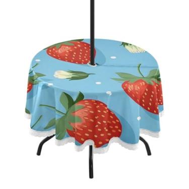 Imagem de CEBUGI Toalha de mesa redonda para uso externo, vermelho, morango, impermeável, com furo Umberlla, capa de mesa lavável para pátio, cozinha, sala de jantar, 152 cm