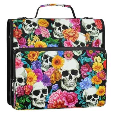 Imagem de CEBUGI Fichário de 3 anéis com zíper com alça de ombro, pasta de arquivo expansível de 3,8 cm, anéis D, para escola, escritório, caveiras, flores