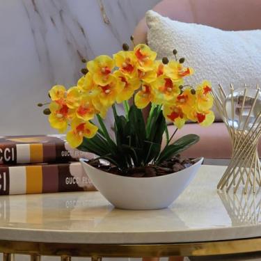 Imagem de Arranjo de Orquídea Artificial com Vaso Branco e Casca Polida Decorativa para Mesa e Escritório(Amarelo)