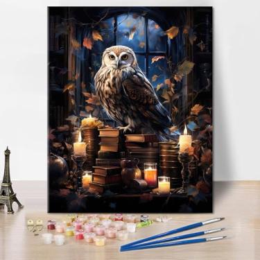 Imagem de Coruja sem moldura sentada em uma pilha de livros, pintura por números, presente de decoração de livros e velas, kit de desenho de pintura e pincéis, pintura a óleo, faça você mesmo, pintura de coruja