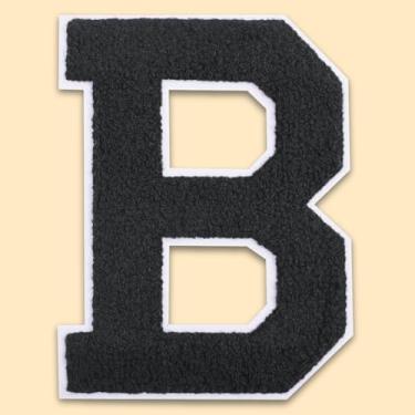 Imagem de QianSiLi Remendos de letras universitárias de chenille preto de 11 cm, letras grandes para jaquetas Letterman, moletons com capuz, mochilas, coletes, roupas, adesivos individuais da letra B