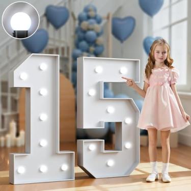 Imagem de Números para letreiros de 9,5 m de altura, grandes números iluminados, decorações de feliz aniversário, menina menino, branco, decoração de festa de aniversário, placa de fundo grande de papelão, 15