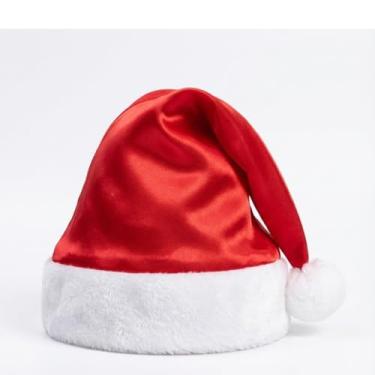 Imagem de Gorro de Natal Papai Noel Premium em Cetim Chapéu Natalino Vermelho e Branco Macio Acessório Fantasia Festas Fotos e Decoração