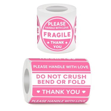 Imagem de 600 peças de adesivos frágeis para envio, alça com etiquetas de agradecimento de amor para caixas de correio envelopes etiquetas adesivas (rosa + branco)