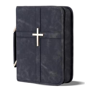 Imagem de Capa de couro vegano, bolsa bíblica com bolso para telefone, capa bíblica para homens e mulheres, embalagem de caixa de presente cristã (preto, grande)