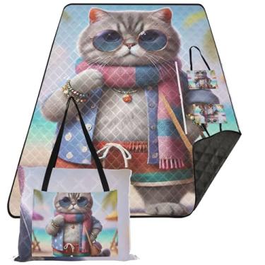 Imagem de TSENQUE Manta de praia à prova d'água de gatinho da moda, à prova de areia, tapete de piquenique, cobertor de acampamento, fofo, embalável, 299 x 203 cm