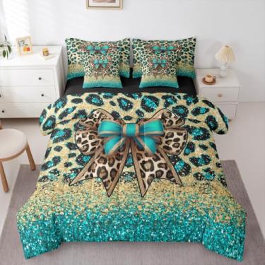 Imagem de Erosebridal Conjunto de edredom solteiro com laço azul-petróleo ciano com lençóis, estampa de leopardo, 7 peças, lantejoulas douradas, cama de pele de guepardo, em uma bolsa, linda gravata borboleta