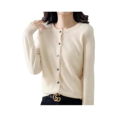 Imagem de Suéter Cardigan Feminino De Gola Redonda, Ajuste Solto, Cor Sólida, To
