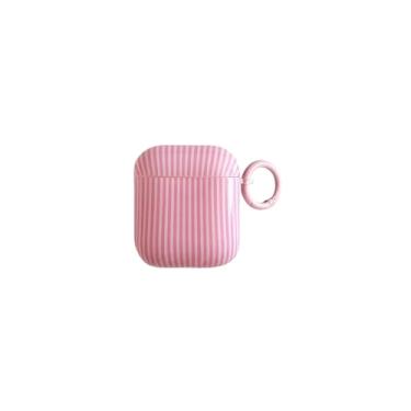Imagem de Capa listrada rosa e branca para AirPods 1ª/2ª | Chique, Kawaii, fofa, estética, listras verticais com design de chaveiro | Capa de proteção feminina retrô clássica à prova de choque | Presente