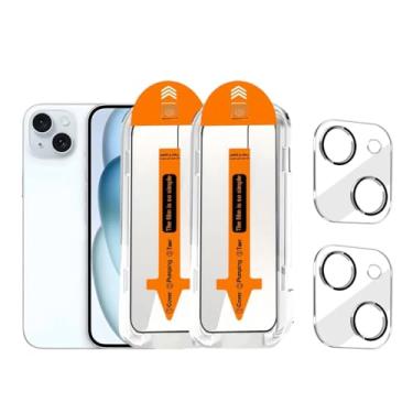 Imagem de Pacote com 2 + 2 protetores de tela para iPhone 15 Plus de 6,7 polegadas de vidro temperado com protetor de lente de câmera, kit de instalação premium mais fácil, sem bolhas, compatível com capas