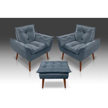 Imagem de Kit 02 Poltrona Opala  Com Puff Opala Suede Azul Turquesa -Casa da Pol