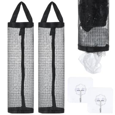 Imagem de Sibba 2 peças de suporte de saco de plástico com 2 ganchos adesivos para montagem na parede, organizador de saco de lixo de malha, reutilizável, sacos de lixo pendurados, dispensador de armazenamento