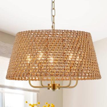 Imagem de YOMECOO Lustre de vime feito à mão com 5 luzes vintage fazenda boho lustres de bambu luminária retrô tambor vime vime lustre dourado para sala de jantar, cozinha, sala de estar