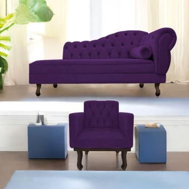 Imagem de Kit Diva Recamier Diana 130cm Lado Esquerdo e 01 Poltrona Classic Suede Roxo
