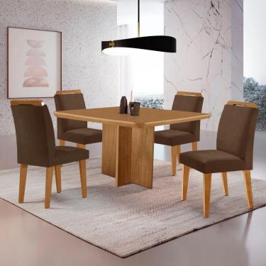 Imagem de Mesa Olimpia 90 Mdf Canto Copo E Com 4 Cadeiras Athenas Veludo Marrom Naturalle