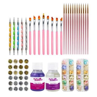 Imagem de Kit Completo Decoração Unha Pincel Glitter Base Extra Brilho Manicure 