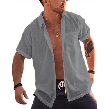 Imagem de Camisa Masculina De Linho E Algodão, Manga Curta, Com Botões, Gola Vir