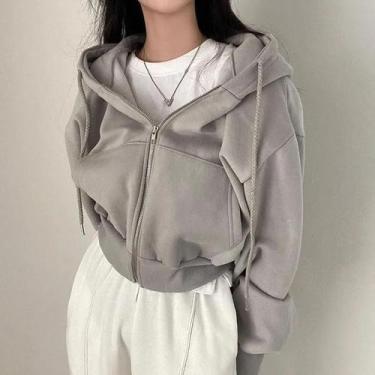 Imagem de Moletom Feminino Coreano Com Forro De Lã, Manga Longa, Zíper, Cropped,