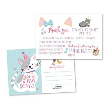 Imagem de 25 Pawsome Cat Party Fill In The Blank Kids Cartões de agradecimento, Notas temáticas para festa de aniversário de gatinho purr-fect, estampa de pata felina de aniversário para adultos ou crianças, suprimentos para adoção de gatinhos, ideias para miau