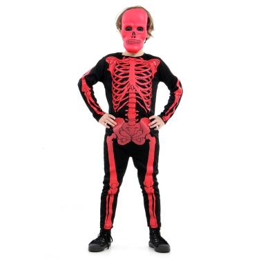 Imagem de Fantasia Esqueleto Vermelho Infantil Longo com Máscara - Halloween GG