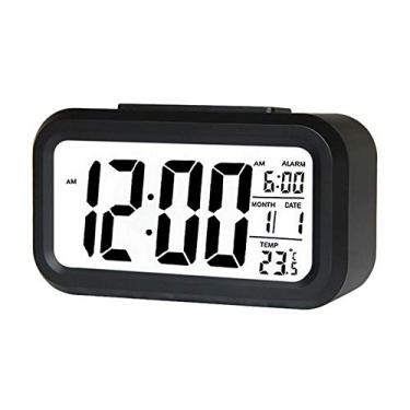 Imagem de Despertador digital inteligente com botão de adiamento de data e temperatura na parte superior Relógio de mesa retangular operado por bateria com luz noturna