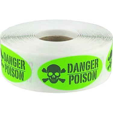Imagem de Adesivos verdes fluorescentes com veneno de perigo preto em forma oval, 5 x 2,5 cm em tamanho, 500 etiquetas em um rolo